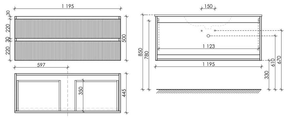 Тумба подвесная SANCOS Snob R 1195х445х500, c двумя ящиками оснащенными доводчиками, Doha Soft, арт.SNR120SM