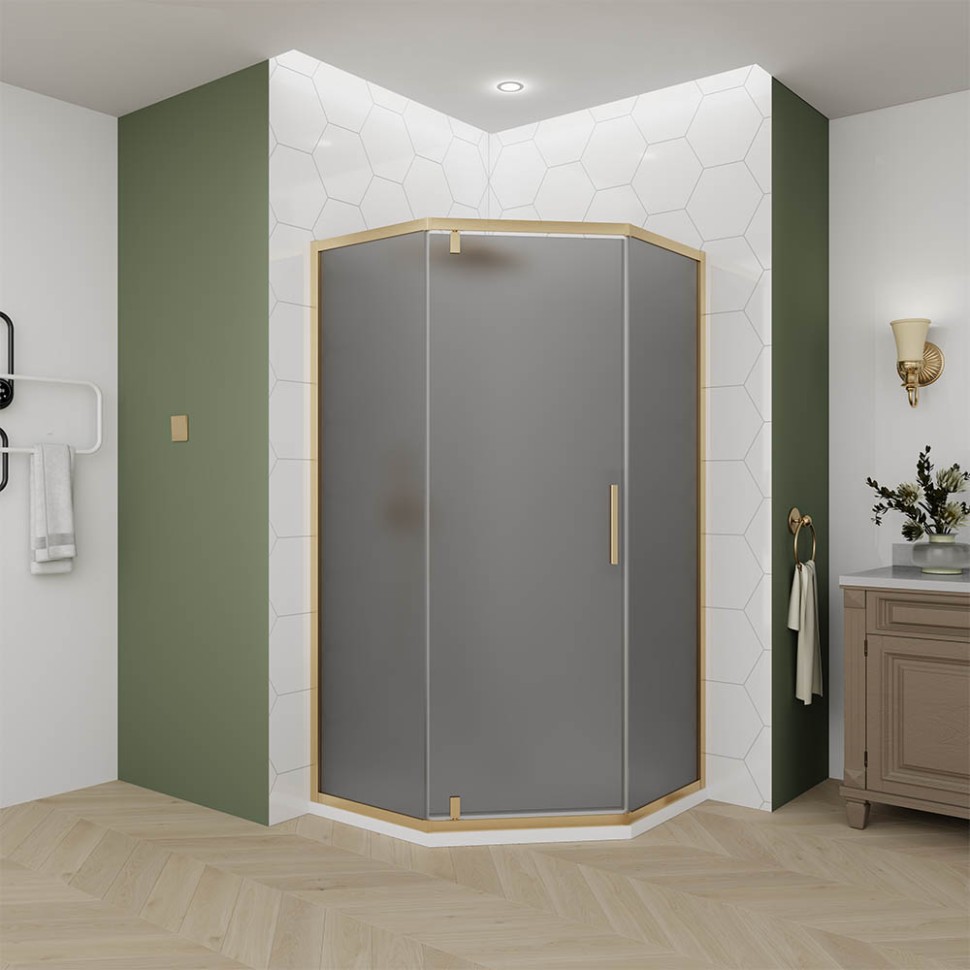 Душевой угол Veconi Ottimo P10 G, 900x900x1900, золото брашинг, стекло тонированное матовое