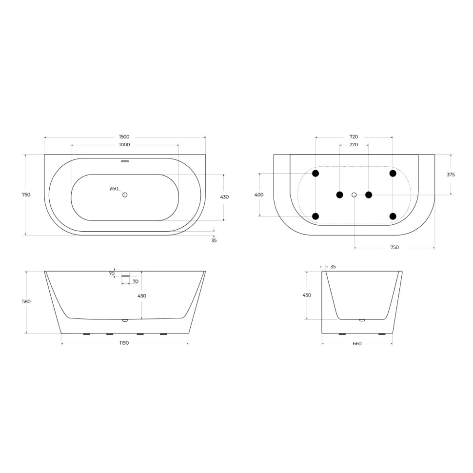Акриловая ванна BELBAGNO BB710-1500-750
