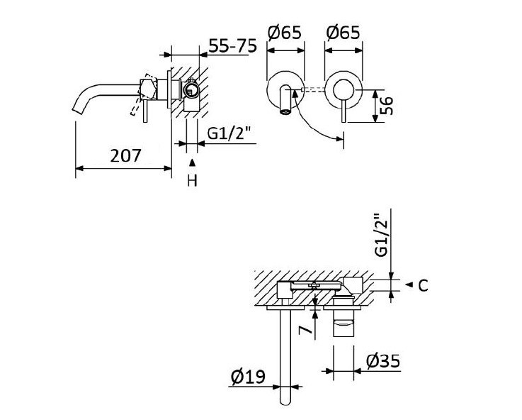 Смеситель для раковины встраиваемый CEZARES LEAF-BLI2-20-L-NOP