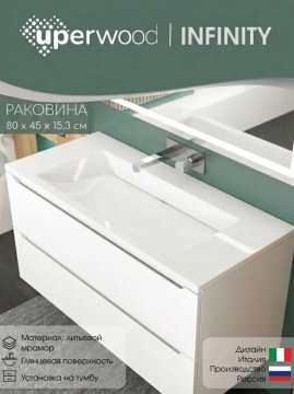 Раковина для ванной Uperwood Infinity 80 см, без отверстия для смесителя, белая глянцевая
