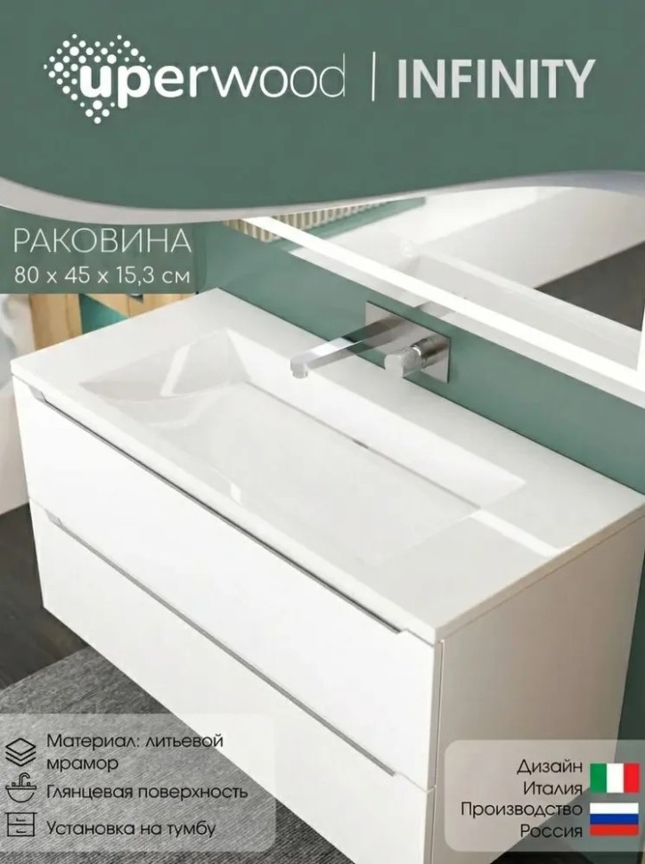 Раковина для ванной Uperwood Infinity 80 см, без отверстия для смесителя, белая глянцевая
