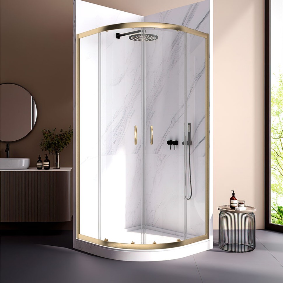 Душевой угол Veconi Rovigo RV-202G, 900x900x1900, брашированное золото прозрачное стекло