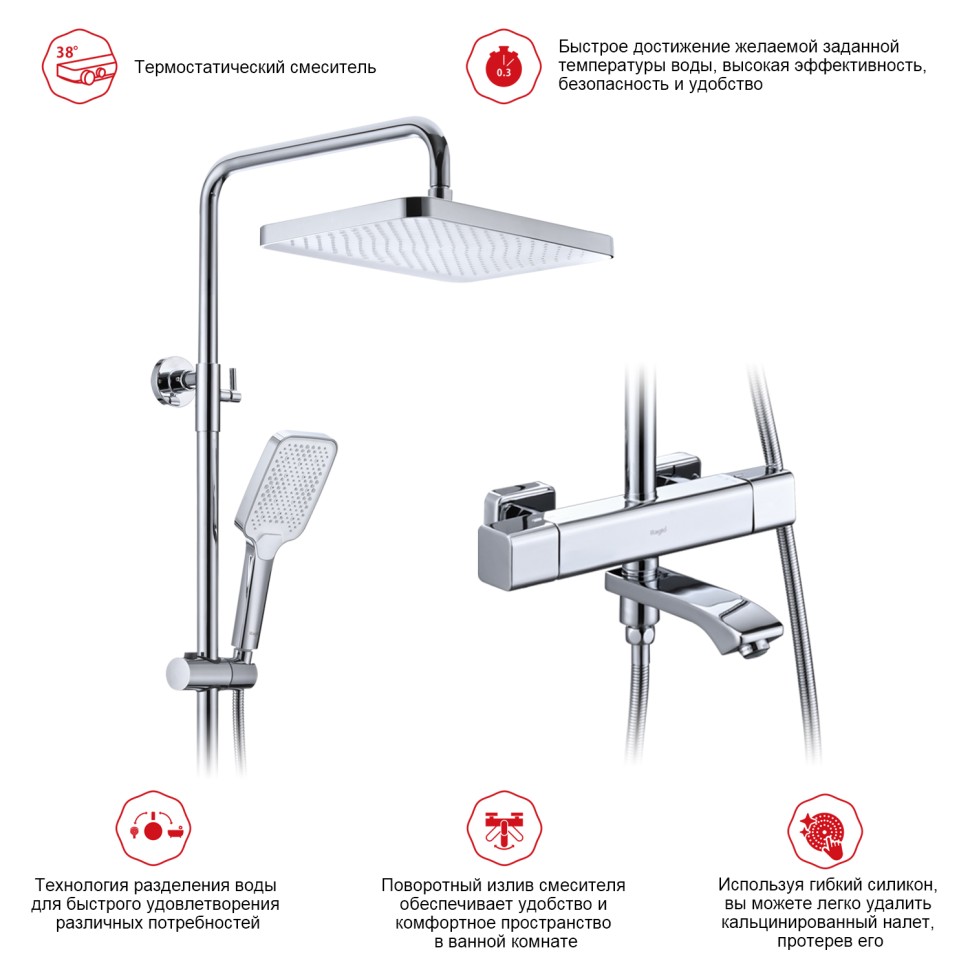 Душевая система Raglo с термостатом для ванны хром