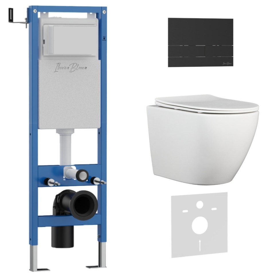 Комплект 3в1 IBERICA BLANCA инсталляция SILENCIO MINI, унитаз BILBAO ALTO белый, кнопка смыва INOX-S черный матовый (IB.001M.BLA.234.1604)