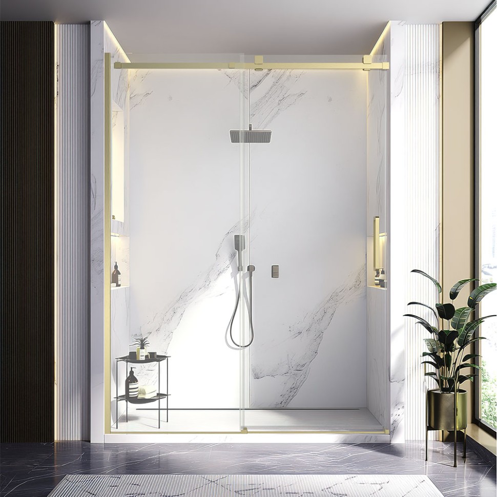 Душевая дверь Veconi Vianno VN-75G, 1300x2000, золото брашинг, стекло прозрачное