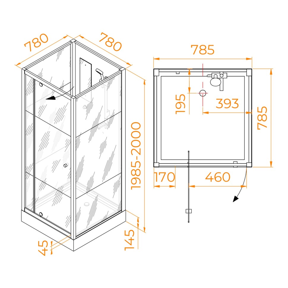 Душевая кабина квадратная, распашная дверь, стеклянная, профиль белый - RGW AN-207 (800x800, Белый)