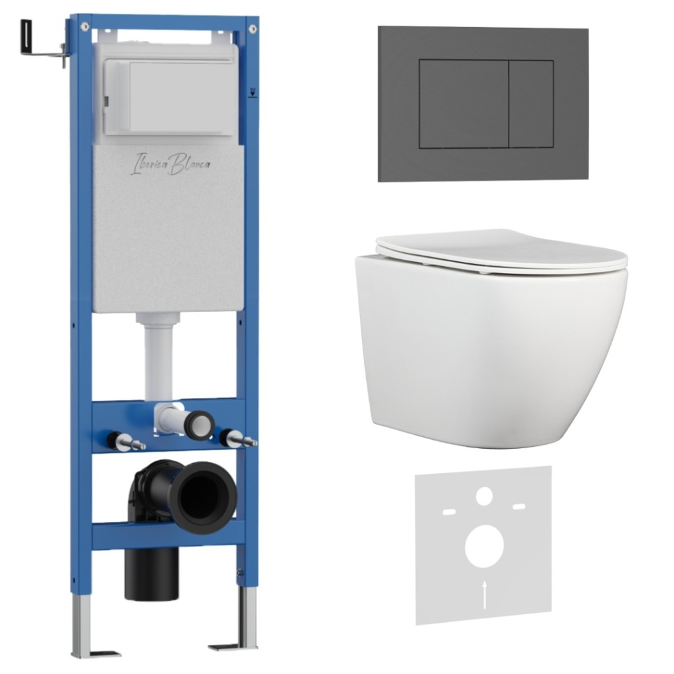 Комплект 3в1 IBERICA BLANCA инсталляция SILENCIO MINI, унитаз BILBAO ALTO белый, кнопка смыва ESTI-S серый матовый (IB.001M.BLA.231.856)