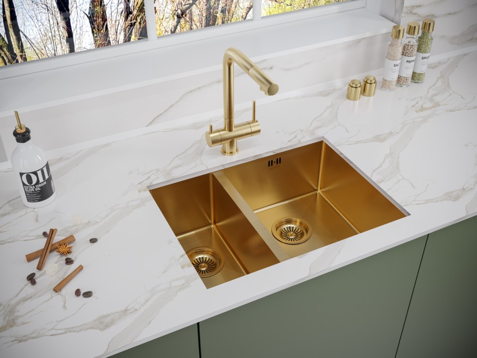 Мойка нерж. сталь GERBERG 59/2S UNI, PM225944-BGR, брашированное золото, правая, PVD, 590х440мм, Paulmark