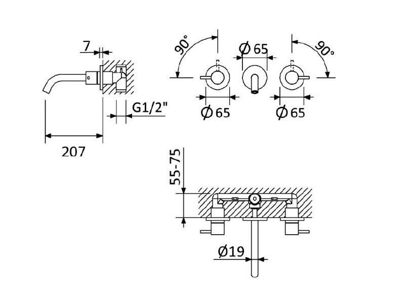 Смеситель для раковины встраиваемый CEZARES LEAF-BLI3L-20-L-01-W0