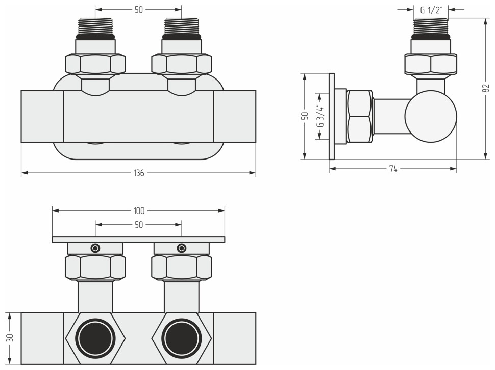 Вентиль угловой EU50 (2 х G 1/2" НР х G 3/4" НГ)