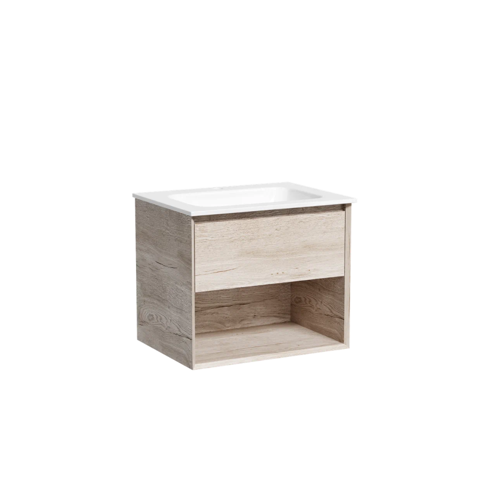 Тумба подвесная SANCOS Marmi 1.0 590х445х520 c одним ящиком оснащенным доводчиками скрытого монтажа и открытой нишей, дуб галифакс натуральный, арт. MR1.060EG