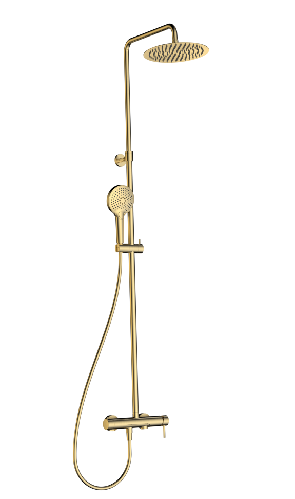 AQM8011BG Душевая система со смесителем и изливом, O250, лейка 3 реж, 1100-1500мм, золото шлифован