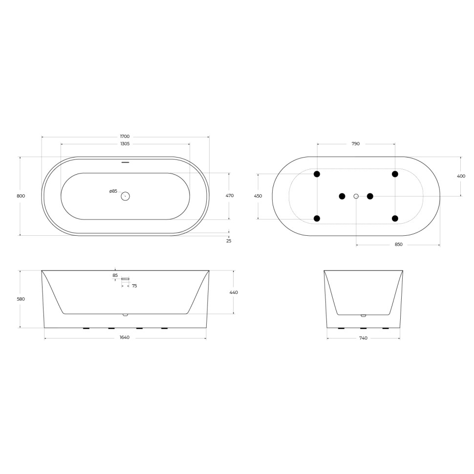 Акриловая ванна BELBAGNO BB705-1700-800