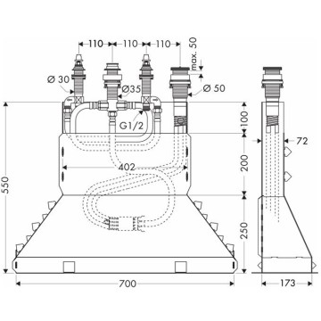 Скрытая часть смесителя Hansgrohe PuraVida на бортик ванны на 4 отверстия. 13444180