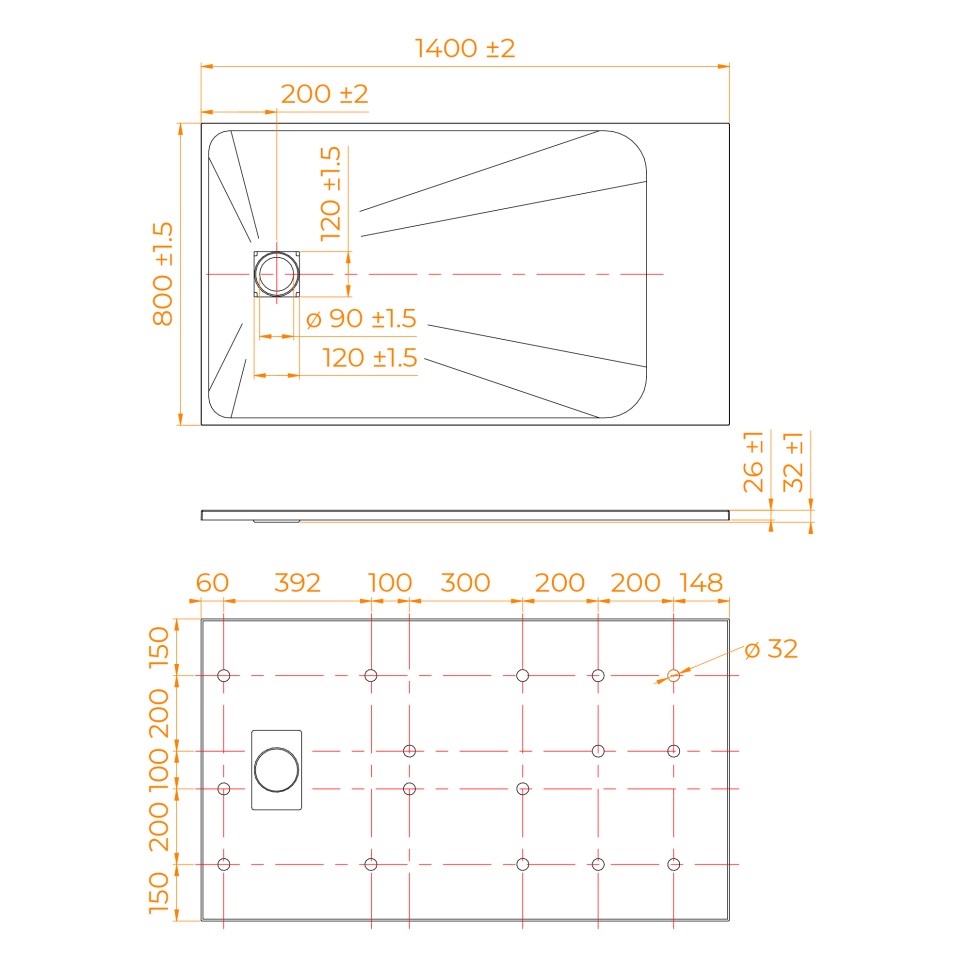 Душевой поддон прямоугольный RGW TSS-W Белый (800x1400)