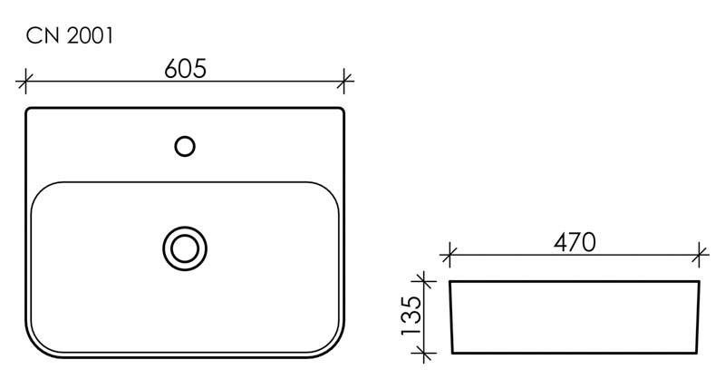 Умывальник AURA с 1 отверстием для смесителя, без перелива 610x480x140мм