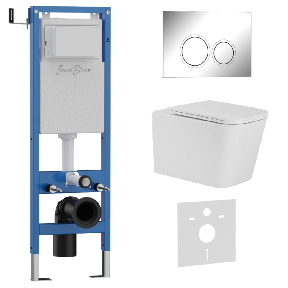 Комплект 3в1 IBERICA BLANCA инсталляция SILENCIO MINI, унитаз TOLEDO ALTO белый, кнопка смыва ESTI-O хром глянцевый (IB.001M.TLA.231.823)