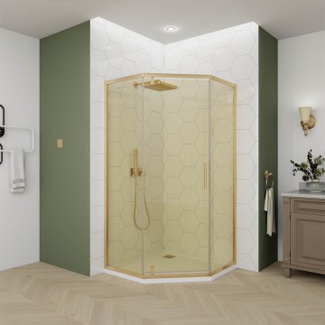 Душевой угол Veconi Ottimo P10 G, 900x900x1900, золото брашинг, стекло янтарное