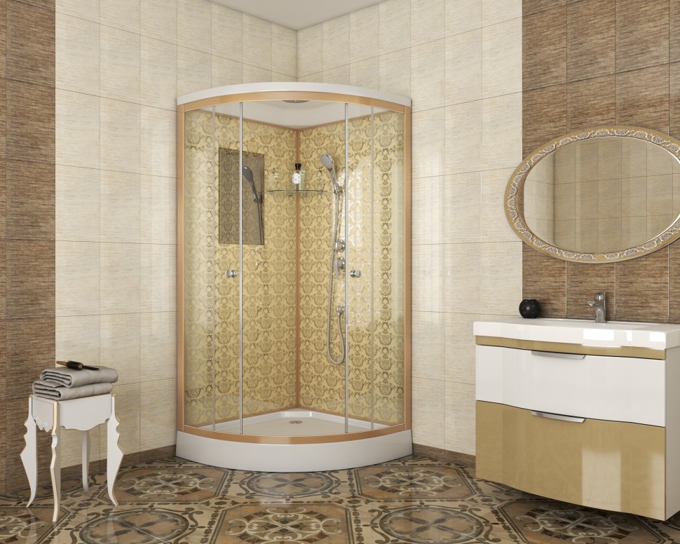 Душевая кабина Niagara Luxe NG-7702G (100x100х210) низкий поддон(15см),дверь раздвижная,стенки золото,3 места