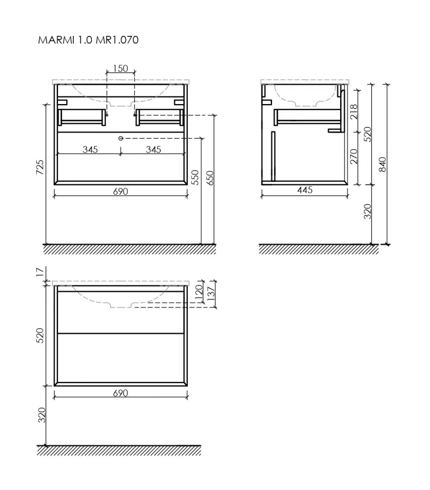 Тумба подвесная SANCOS Marmi 1.0 690х445х520 c одним ящиком оснащенным доводчиками скрытого монтажа и открытой нишей, дуб чарльстон, арт.MR1.070ECH