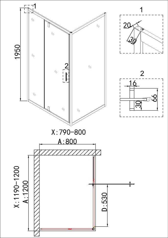 Душевое ограждение Niagara Nova NG-43-12AG-A80G (120х80х195) прямоугольник,золото,двери распашные,стекло прозрачное,2 места
