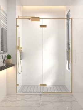 Душевая дверь распашная Veconi Premium Alassio G, 1400х2000, брашированное золото, стекло прозрачное осветленное