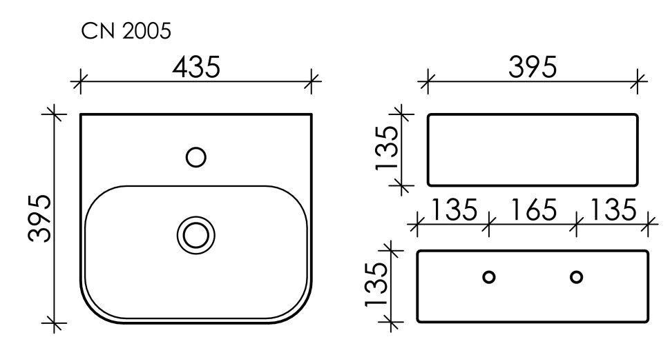 Умывальник AURA с 1 отверстием для смесителя, без перелива 430x390x135мм