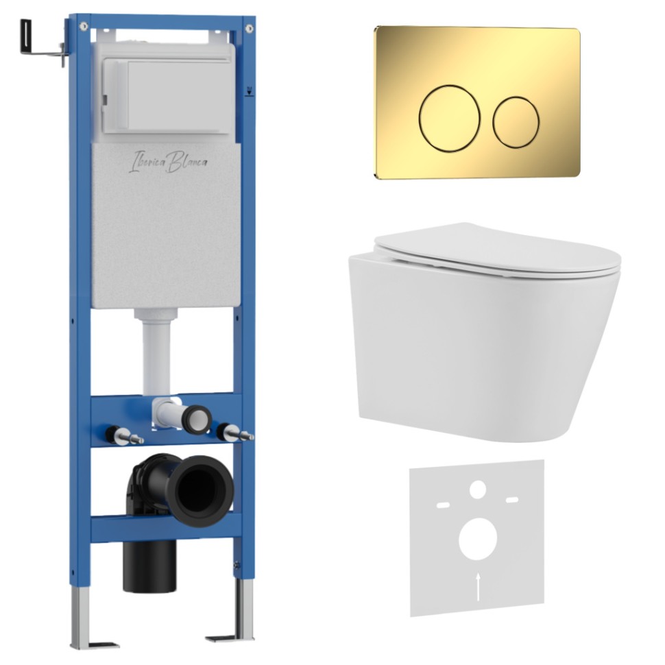 Комплект 3в1 IBERICA BLANCA инсталляция SILENCIO MINI, унитаз BURGOS ALTO белый, кнопка смыва INOX-O золото глянцевое (IB.001M.BRA.234.816)