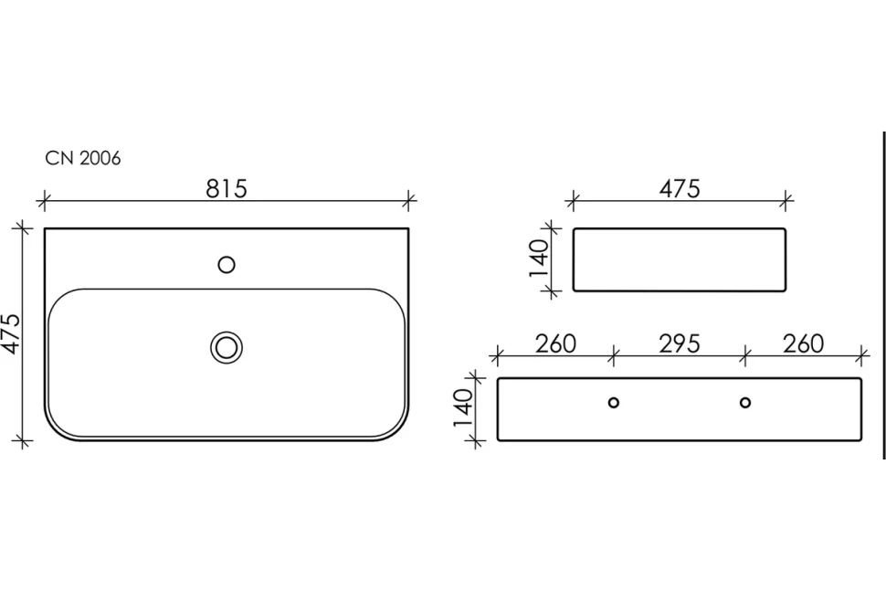 Умывальник AURA с 1 отверстием для смесителя, без перелива 800x470x135мм