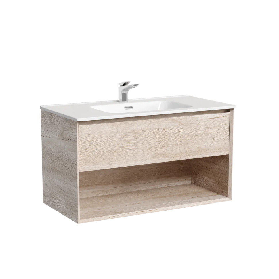 Тумба подвесная SANCOS Marmi 1.0 890х445х520 c одним ящиком оснащенным доводчиками скрытого монтажа и открытой нишей, дуб галифакс натуральный, арт. MR1.090EG