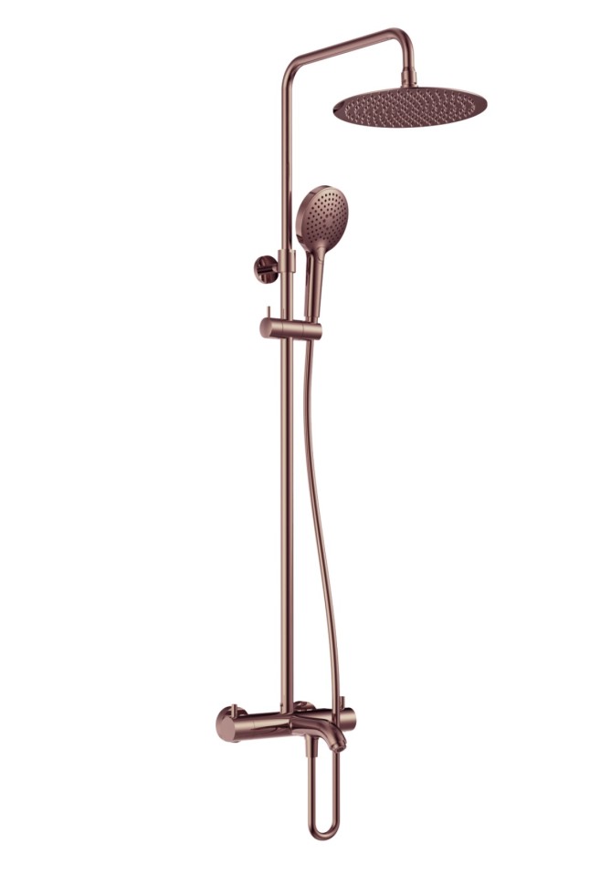 AQM8008BC Душ. сист. с терм. и изливом, O250, лейка 3 реж, высота 1100-1500мм, Медь шлифованная