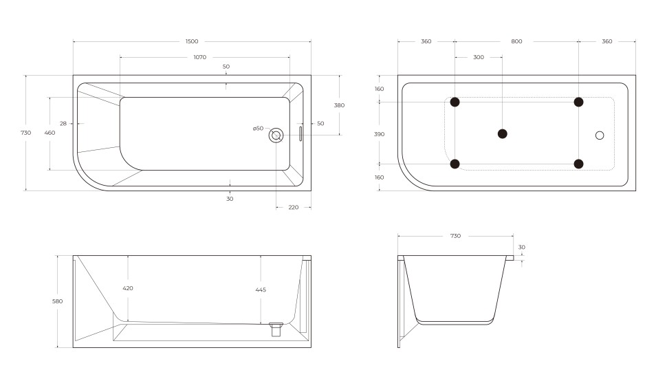 Акриловая ванна BELBAGNO BB712-1500-730-R