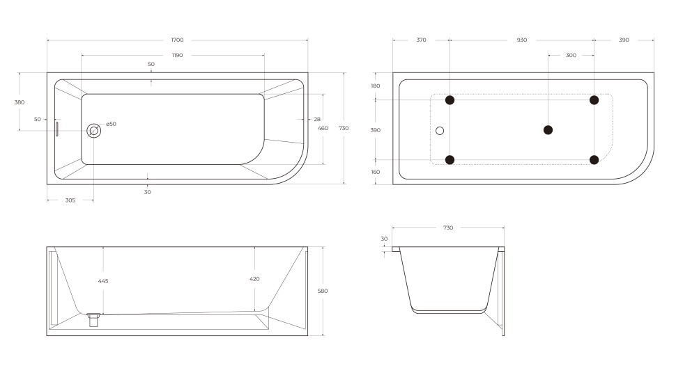 Акриловая ванна BELBAGNO BB712-1700-730-L
