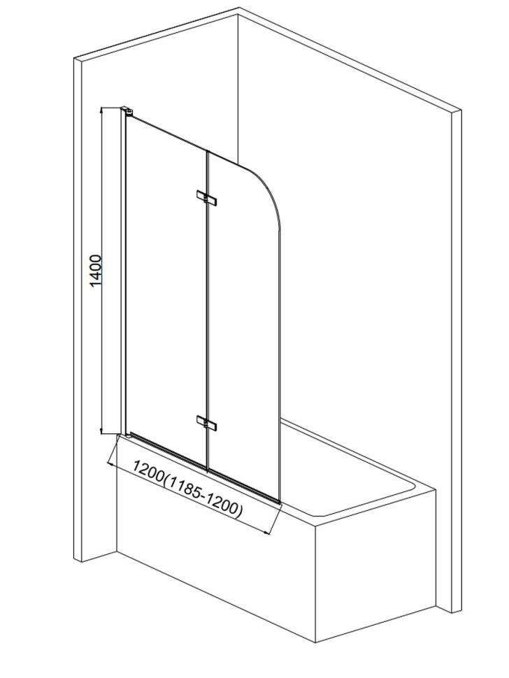 Шторка на ванну 1200*1400мм., стекло 6мм, цвет профиля хром, петли латунные.