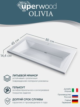 Раковина для ванной 80 см, Uperwood Olivia, с щелевым сливом, белая глянцевая