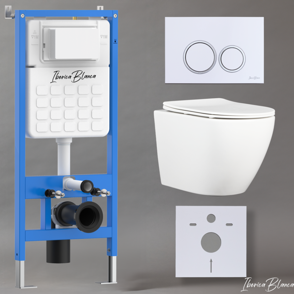 Комплект 3в1 IBERICA BLANCA инсталляция SILENCIO, унитаз BILBAO ALTO белый, кнопка смыва ESTI-O белый глянцевый (IB001.BLA.234.821)