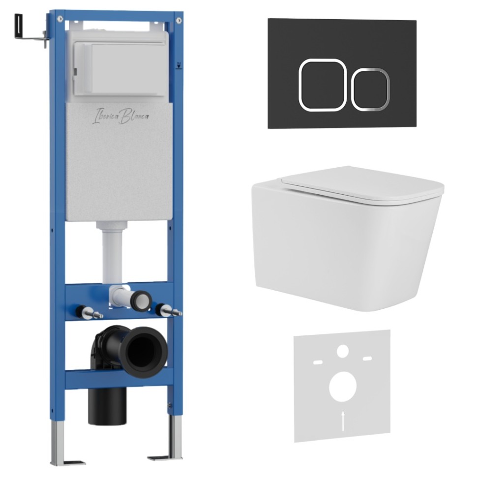 Комплект 3в1 IBERICA BLANCA инсталляция SILENCIO MINI, унитаз TOLEDO ALTO белый, кнопка смыва ESTI-Q черный матовый (IB.001M.TLA.231.832)