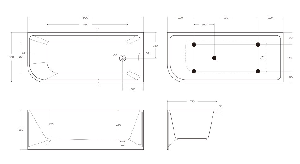 Акриловая ванна BELBAGNO BB712-1700-730-R