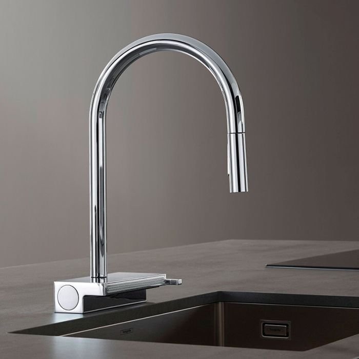 Смеситель Hansgrohe Aquno Select для кухни, 1 отверстие, с вытяжным душем, 3jеt, каскад, sВох, цвет: хром 73831000