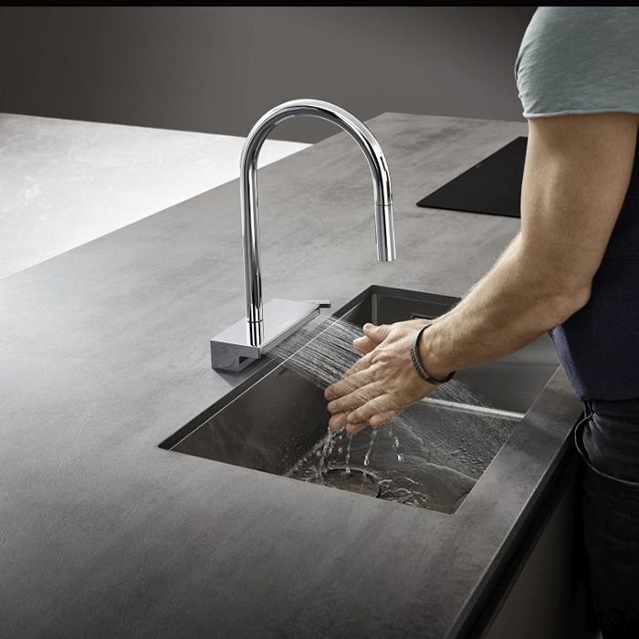 Смеситель Hansgrohe Aquno Select для кухни, 1 отверстие, с вытяжным душем, 3jеt, каскад, sВох, цвет: хром 73831000