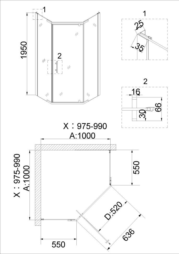 Душевое ограждение Niagara Nova NG-6834-08ВLACK (100х100х195) трапеция,черный,дверь распашная,стекло прозрачное,1 место