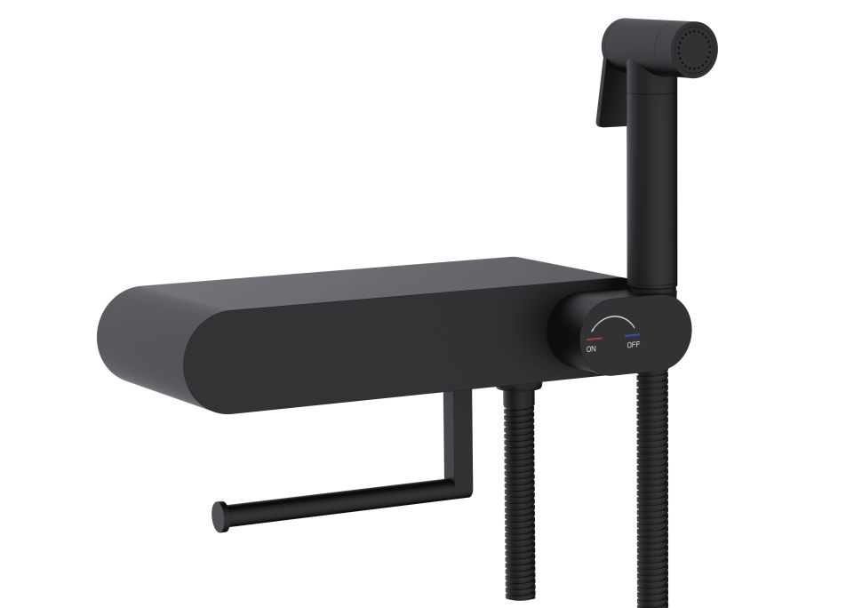 Смеситель с полочкой и держателем туалетной бумаги, с гигиеническим душем - RGW SP-222B, черный