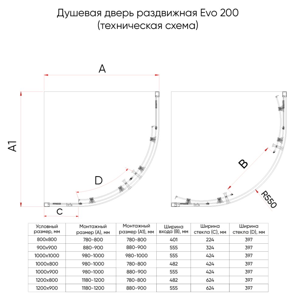 Душевой угол Veconi Evo 200 B, 1200х800x1950, черный матовый, прозрачное стекло