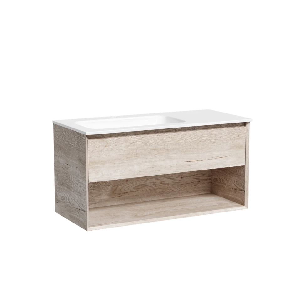 Тумба подвесная SANCOS Marmi 1.0 левая, 995х445х520, c одним ящиком оснащенным доводчиками скрытого монтажа и открытой нишей, дуб галифакс натуральный, арт. MR1.0100LEG