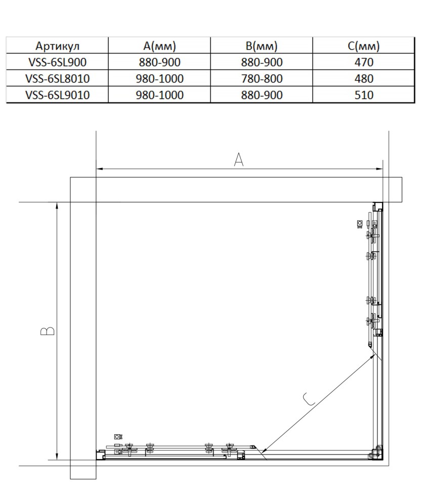 Душевой уголок Slim 8mm VSS-6SL900CLB, 900*900, черный, стекло прозрачное