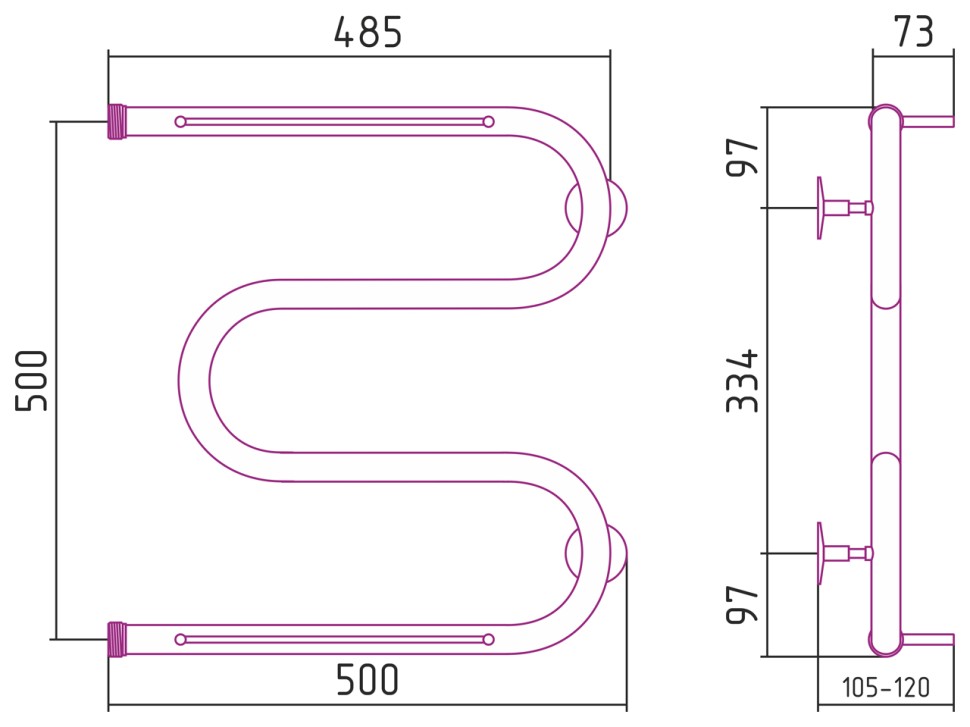 М-образный 2 полки 500х500 резьба-сгон 1"