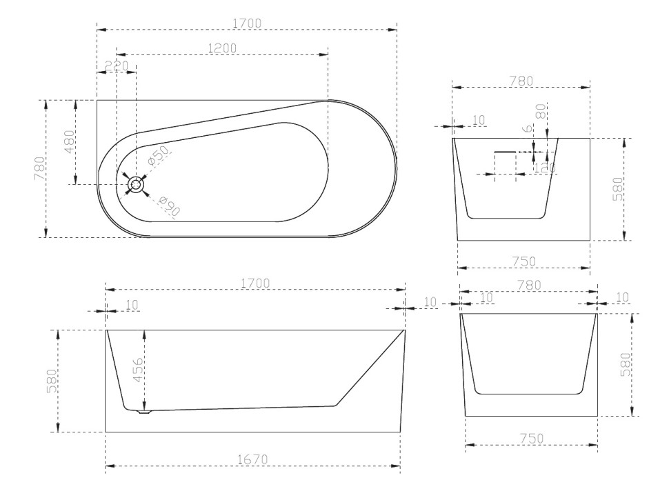 Акриловая ванна ABBER AB9496-1.7 L белая