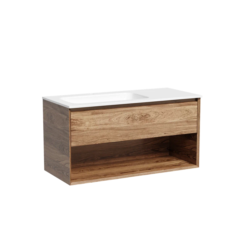 Тумба подвесная SANCOS Marmi 1.0 левая, 995х445х520, c одним ящиком оснащенным доводчиками скрытого монтажа и открытой нишей, дуб чарльстон, арт.MR1.0100LECH