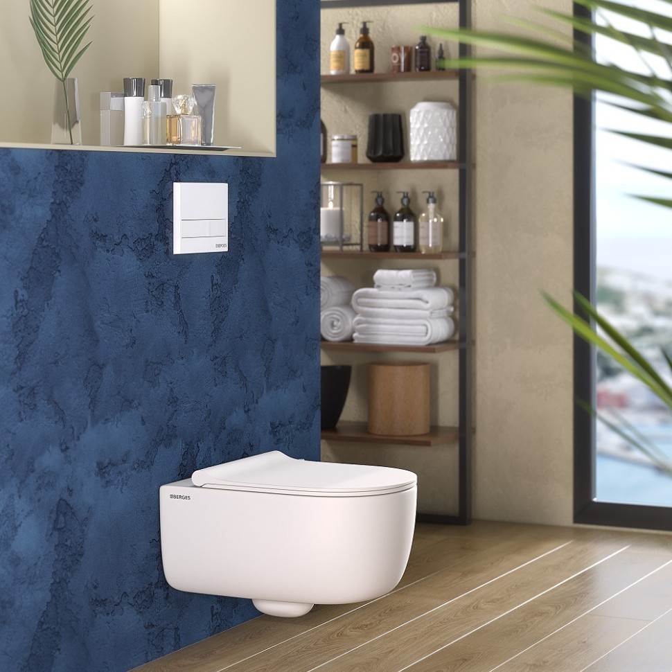 Унитаз подвесной BERGES EGO XL, матовый белый, микролифт, быстросъёмное